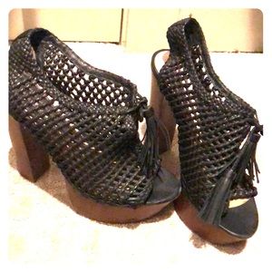 Black Leather Crochet-Style Platform